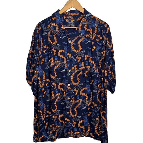 Vintage Route 66 Size XL Alaha Tiki Lei Hawaiian Button Up Short Sleeve Shirt - Picture 1 of 7